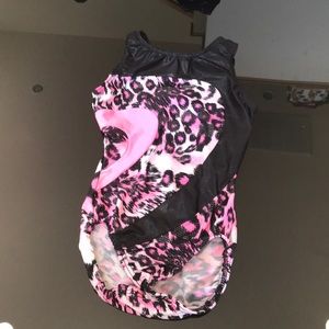 Black and pink animal print gymnastics leotard